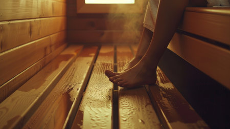 Woman relaxing in the sauna. Showing legsの素材