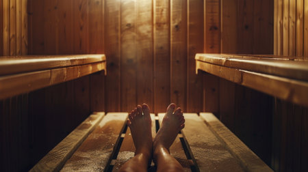Woman relaxing in the sauna. Showing legsの素材