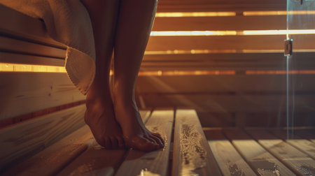 Woman relaxing in the sauna. Showing legsの素材