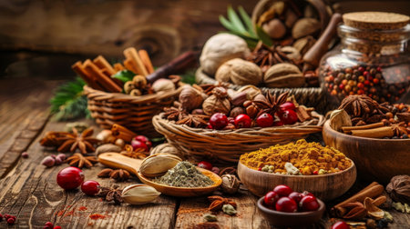 A variety of spices and nuts laid out on a wooden table.の素材