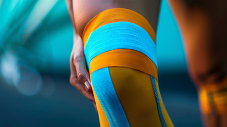 A close-up of a person's part of the leg, featuring brightly colored kinesiology tape applied in a precise patternの素材