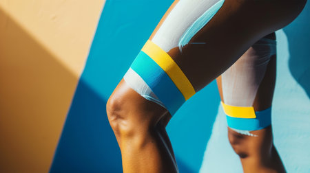A close-up of a person's part of the leg, featuring brightly colored kinesiology tape applied in a precise patternの素材