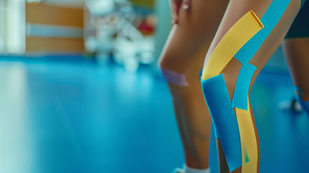 A close-up of a person's part of the leg, featuring brightly colored kinesiology tape applied in a precise patternの素材