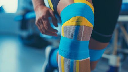 A close-up of a person's part of the leg, featuring brightly colored kinesiology tape applied in a precise patternの素材