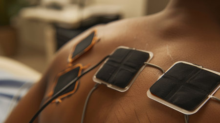 A close-up of a person's back, featuring four square black medical electrode pads attached to the skinの素材