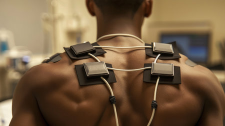 A close-up of a person's back, featuring four square black medical electrode pads attached to the skinの素材