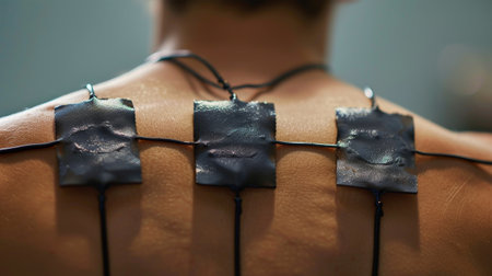 A close-up of a person's back, featuring four square black medical electrode pads attached to the skinの素材