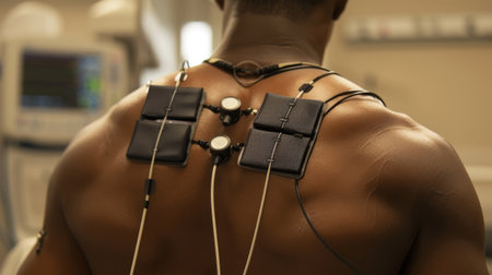 A close-up of a person's back, featuring four square black medical electrode pads attached to the skinの素材