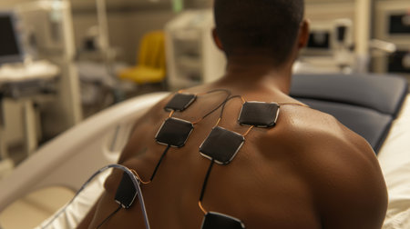 A close-up of a person's back, featuring four square black medical electrode pads attached to the skinの素材