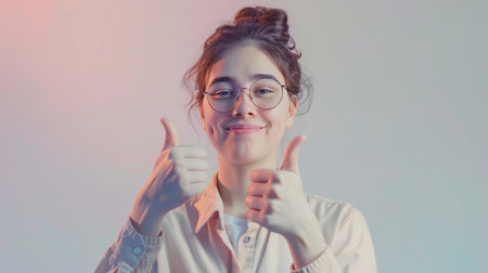 A cheerful person with glasses showing face expressions in the front of plain backgroundの素材
