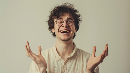 A cheerful person with glasses showing face expressions in the front of plain backgroundの素材