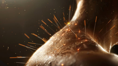 A close-up of a human body with smooth, tan skin, with several fine, thin acupuncture needles inserted into the skin.の素材