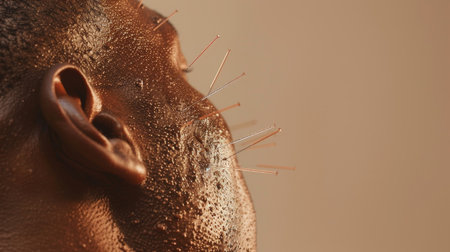 A close-up of a human body with smooth, tan skin, with several fine, thin acupuncture needles inserted into the skin.の素材