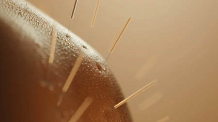 A close-up of a human body with smooth, tan skin, with several fine, thin acupuncture needles inserted into the skin.の素材