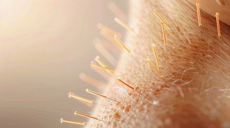 A close-up of a human body with smooth, tan skin, with several fine, thin acupuncture needles inserted into the skin.の素材