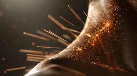 A close-up of a human body with smooth, tan skin, with several fine, thin acupuncture needles inserted into the skin.の素材