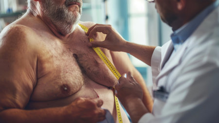 View of the doctor measuring obese man in the hospital roomの素材