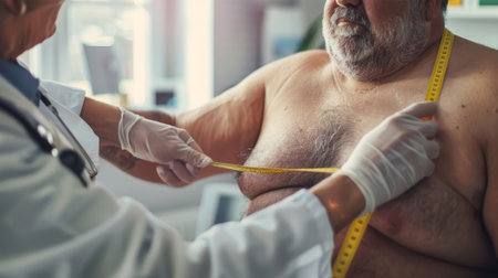 View of the doctor measuring obese man in the hospital roomの素材