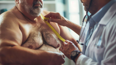 View of the doctor measuring obese man in the hospital roomの素材