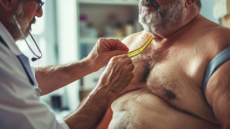 View of the doctor measuring obese man in the hospital roomの素材