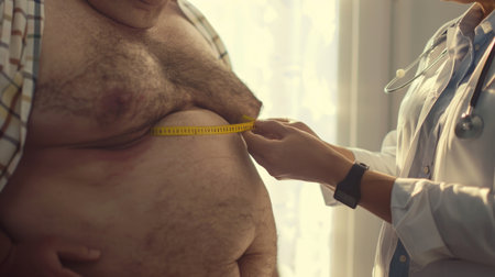 View of the doctor measuring obese man in the hospital roomの素材