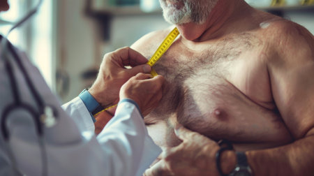 View of the doctor measuring obese man in the hospital roomの素材