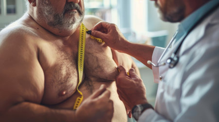 View of the doctor measuring obese man in the hospital roomの素材