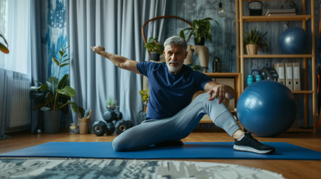 View of an elderly man exercise, sitting on a blue exercise matの素材