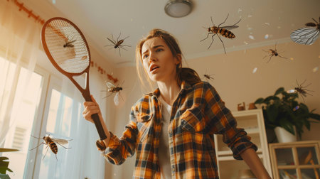View of the Panicked Woman Battling Flying Insectsの素材