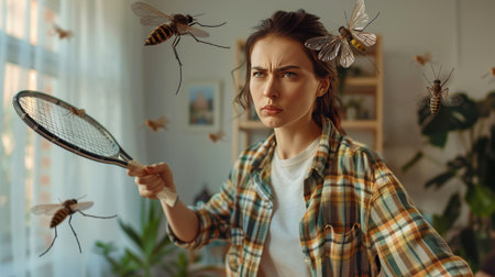 View of the Panicked Woman Battling Flying Insectsの素材