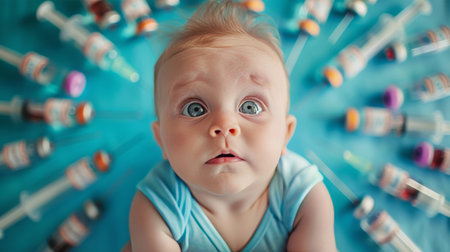 View of the Child Surrounded by Vaccination Syringesの素材