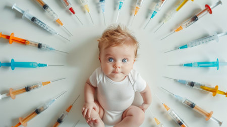 View of the Child Surrounded by Vaccination Syringesの素材