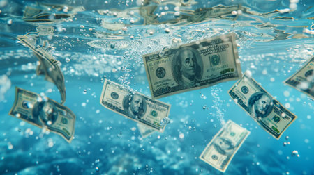 Hundred Dollar Bills Floating Underwater - blue backgroundの素材