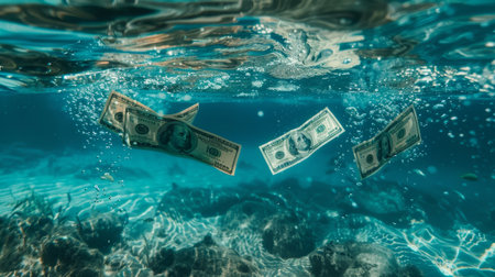 Hundred Dollar Bills Floating Underwater - blue backgroundの素材