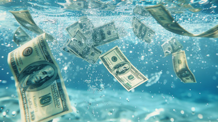 Hundred Dollar Bills Floating Underwater - blue backgroundの素材