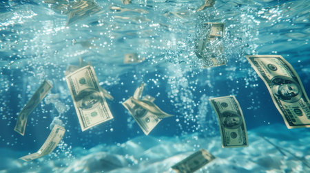 Hundred Dollar Bills Floating Underwater - blue backgroundの素材