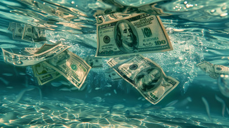 Hundred Dollar Bills Floating Underwater - blue backgroundの素材