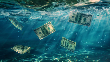 Hundred Dollar Bills Floating Underwater - blue backgroundの素材