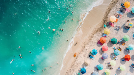 Vibrant Beach with Umbrellas: An Aerial Perspective of sea and beachの素材