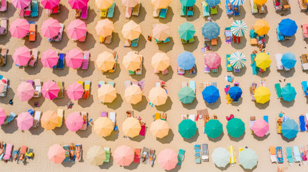 Vibrant Beach with Umbrellas: A Colorful Aerial Perspectiveの素材