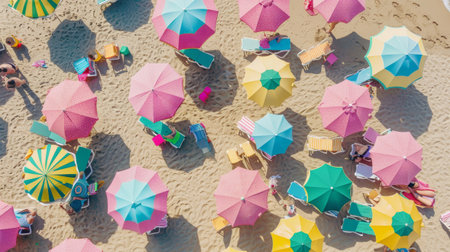Vibrant Beach with Umbrellas: A Colorful Aerial Perspectiveの素材