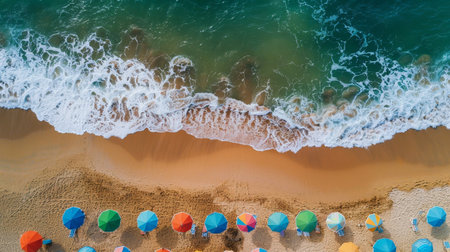 Vibrant Beach with Umbrellas: An Aerial Perspective of sea and beachの素材