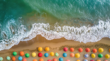Vibrant Beach with Umbrellas: An Aerial Perspective of sea and beachの素材