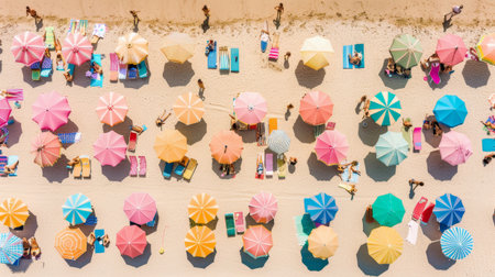 Vibrant Beach with Umbrellas: A Colorful Aerial Perspectiveの素材