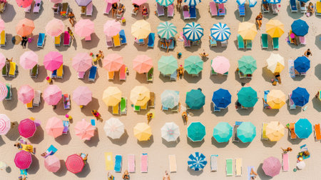 Vibrant Beach with Umbrellas: A Colorful Aerial Perspectiveの素材