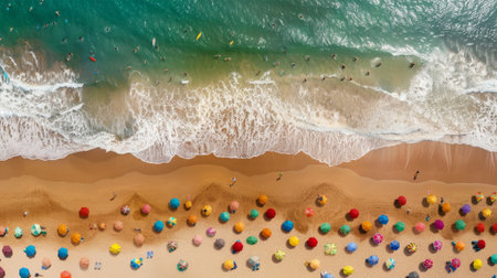 Vibrant Beach with Umbrellas: An Aerial Perspective of sea and beachの素材
