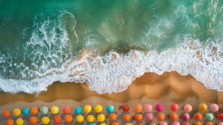 Vibrant Beach with Umbrellas: An Aerial Perspective of sea and beachの素材