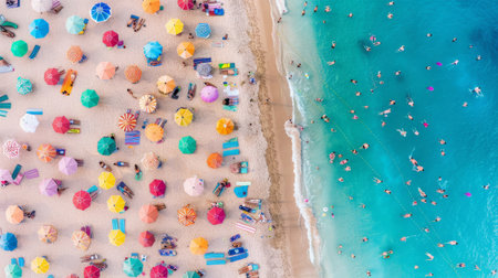 Vibrant Beach with Umbrellas: An Aerial Perspective of sea and beachの素材