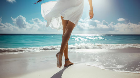 Elegant Footstepsof the girl with white dress on a Sunny Beachの素材