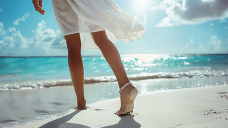 Elegant Footstepsof the girl with white dress on a Sunny Beachの素材